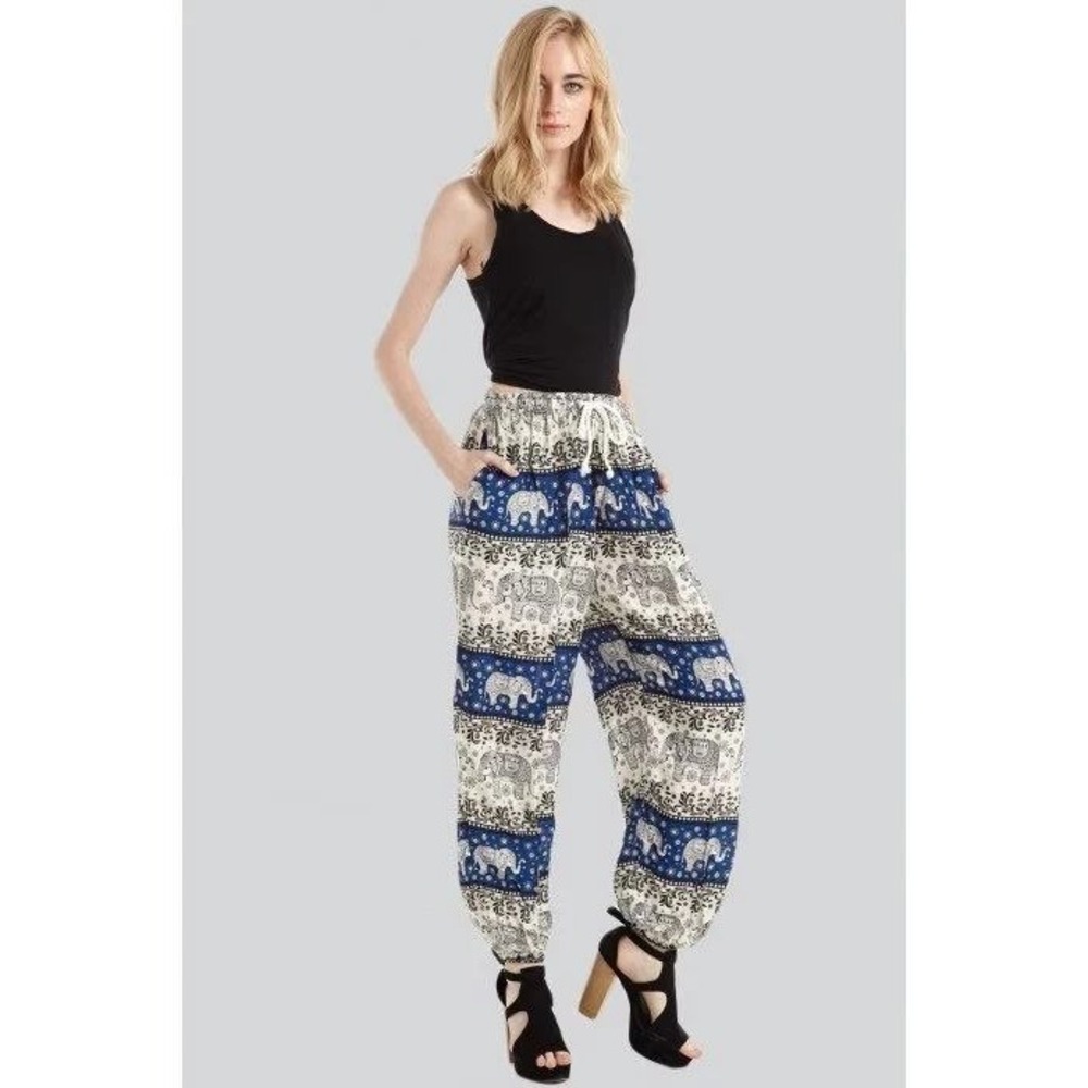 Vintage Inspired Elephant Print Harem Pants Boho Lounge Festival Wear Blue/Black - Picture 2 of 9